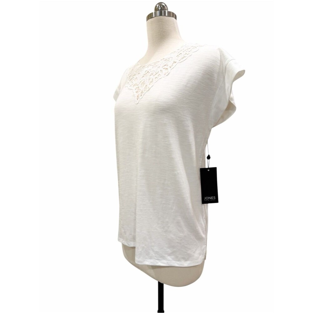 Jones New York Lace Inset Top Dolman Sleeve Stretch Knit White Pullover S NEW - Picture 2 of 13